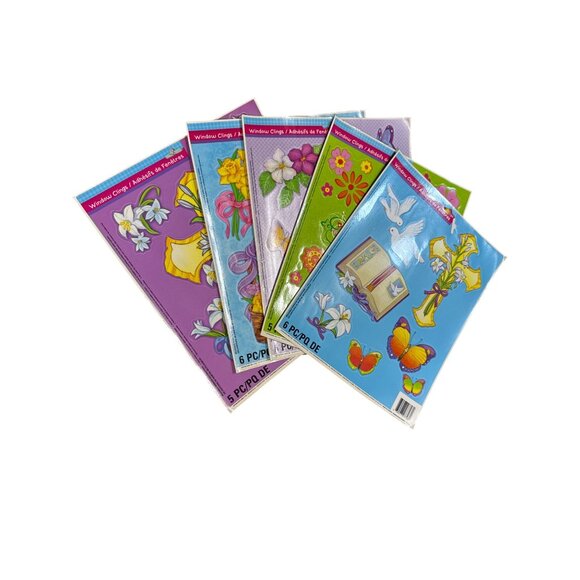 Easter & Spring-Themed Window Clings Set Of 5 Sheets Cross & Floral Designs Reus - Picture 1 of 6